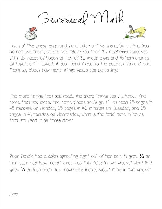 6 Dr. Seuss Inspired Math Activities {Free Download} - Seussical Math Problem Solving 