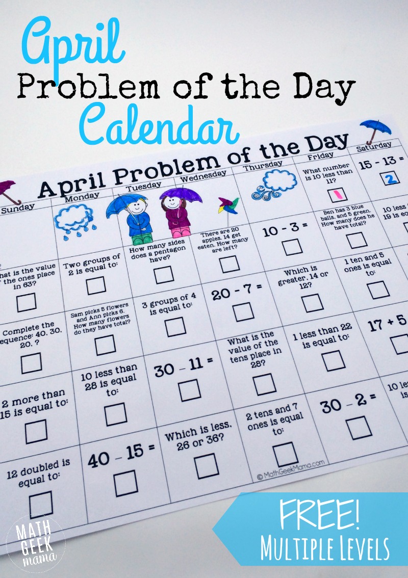 Free April Math Downside of the Day Calendar